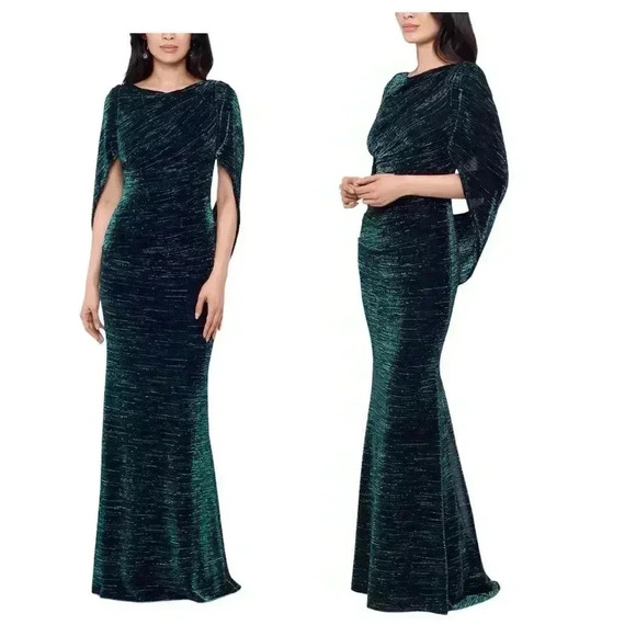 Betsy & Adam Women's Green Cowlneck Cape-Back Foil Gown Formal Dress sz 10 - Picture 1 of 11